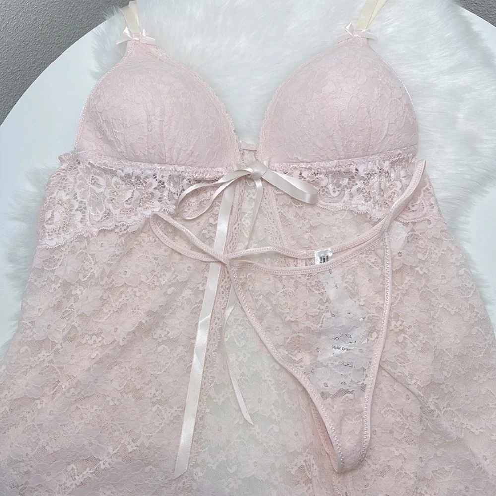 Linea Donatella Light Pink Lace Babydoll Chemise Lingerie Set Size Small New